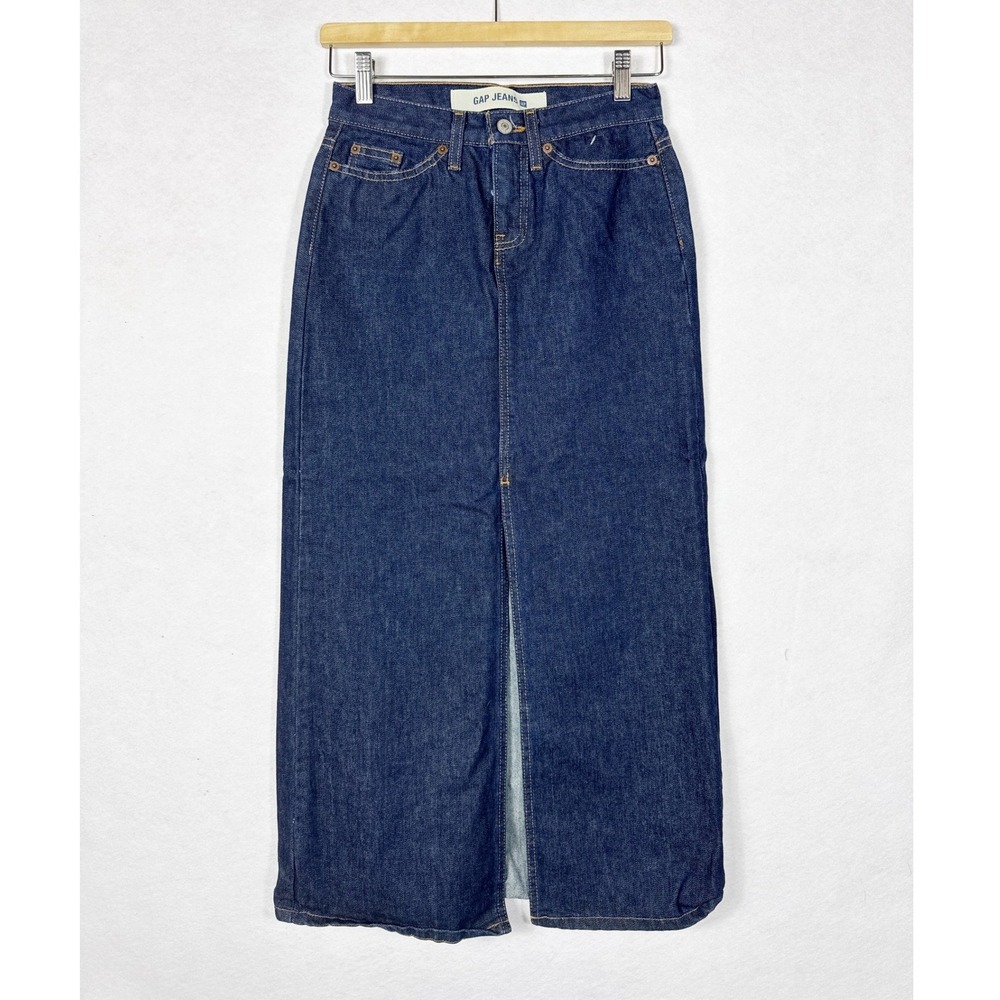 Vintage Y2K Gap Jeans Dark Wash Denim Maxi Skirt Front Slit 100% Cotton Size 0